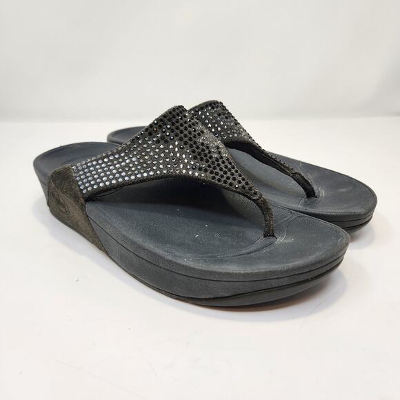 FitFlop Womens Rokkit Gray Suede Rhinestone Thong Sandals Size 6 Wedge Comfort - Picture 1 of 7